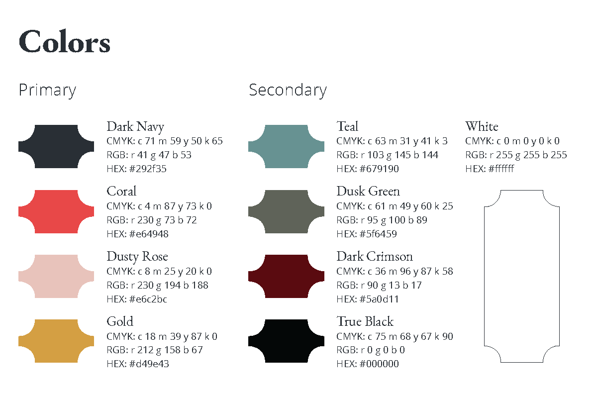 Primary and secondary colors are specified for the brand.
