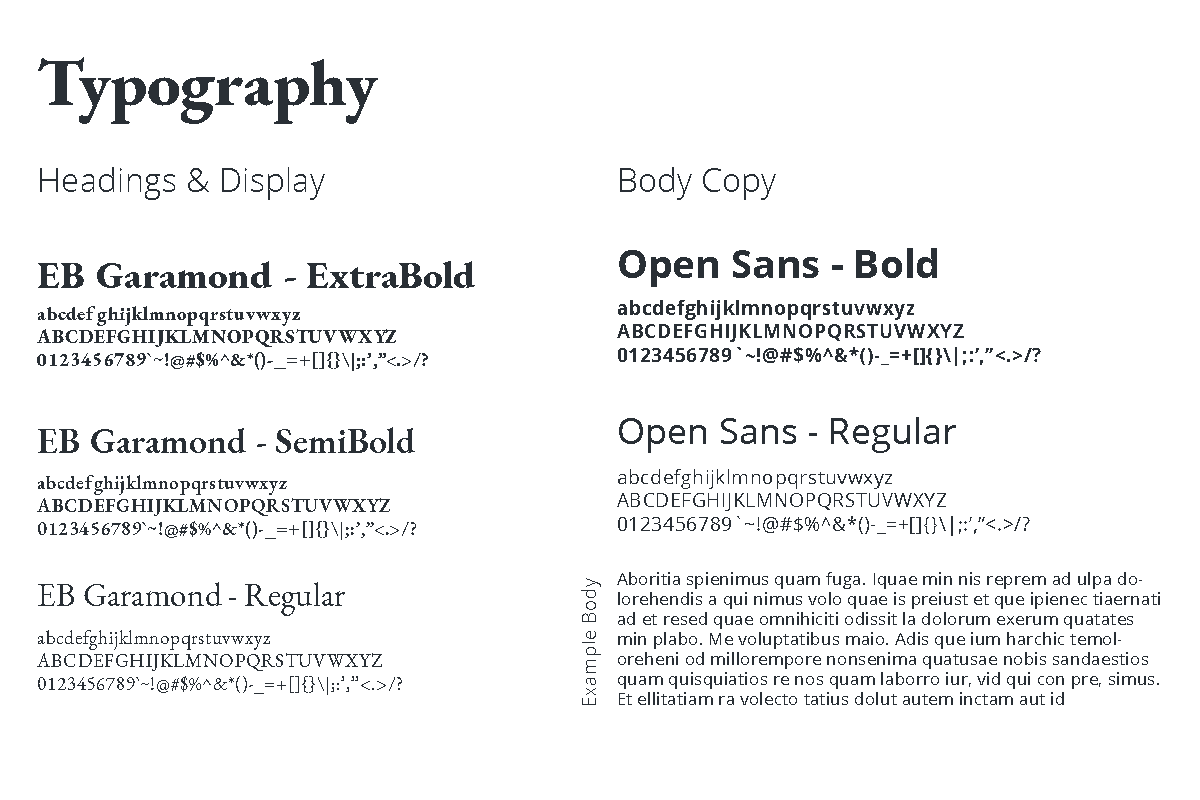 The main fonts to be used for the Coco Cafe brand are EB Garamond and Open Sans.