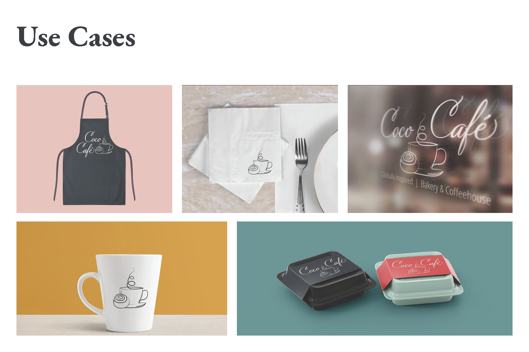 Images of mockups with the Coco Cafe logo on products and other items.