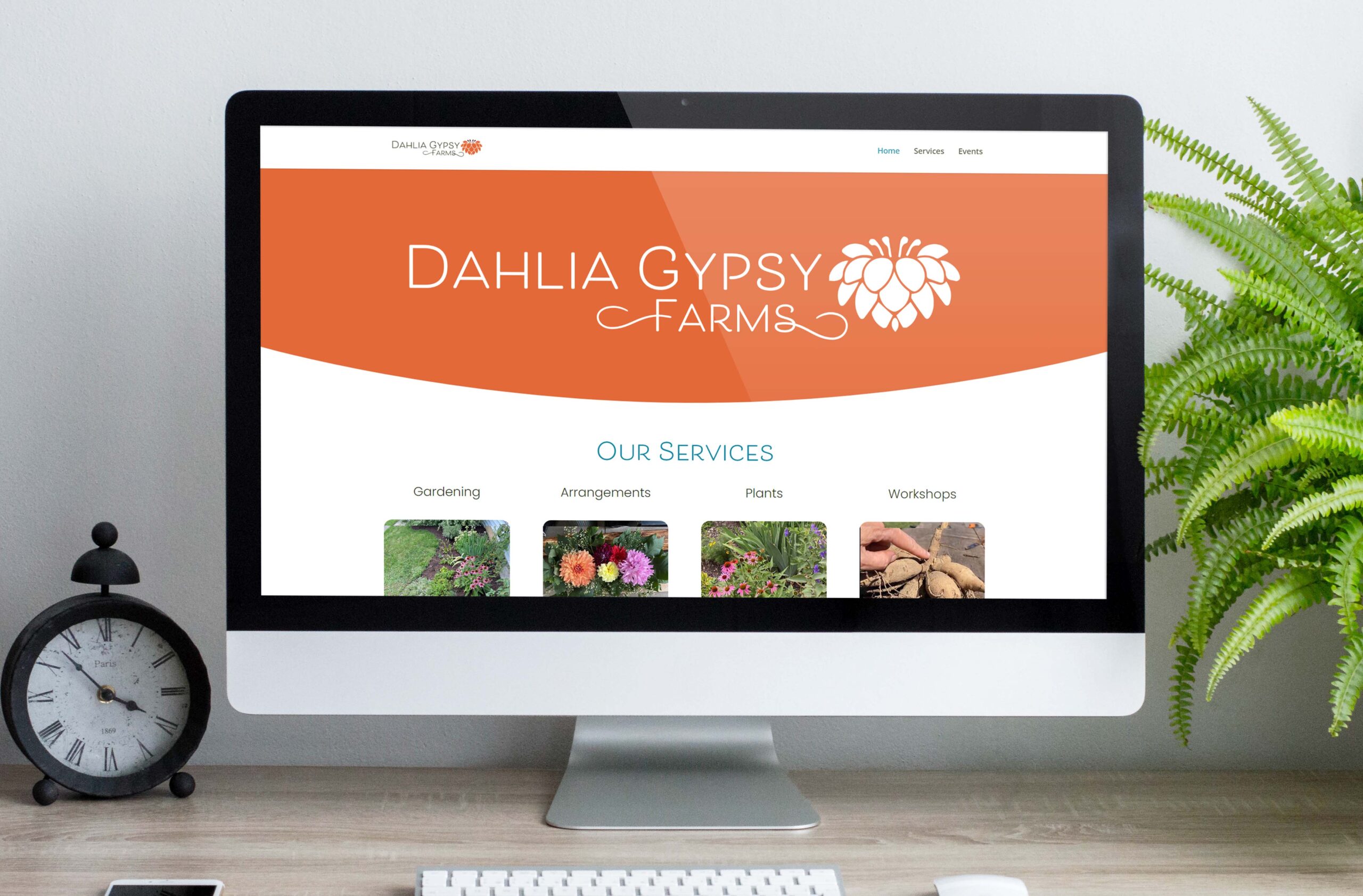 Dahlia Gypsy Farms home paged mocked up on a desktop screen.