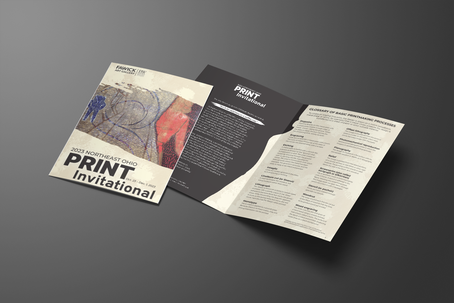 Mockup of the 2023 Northeast Ohio Print invitational booklet showing the cover and a double spread.