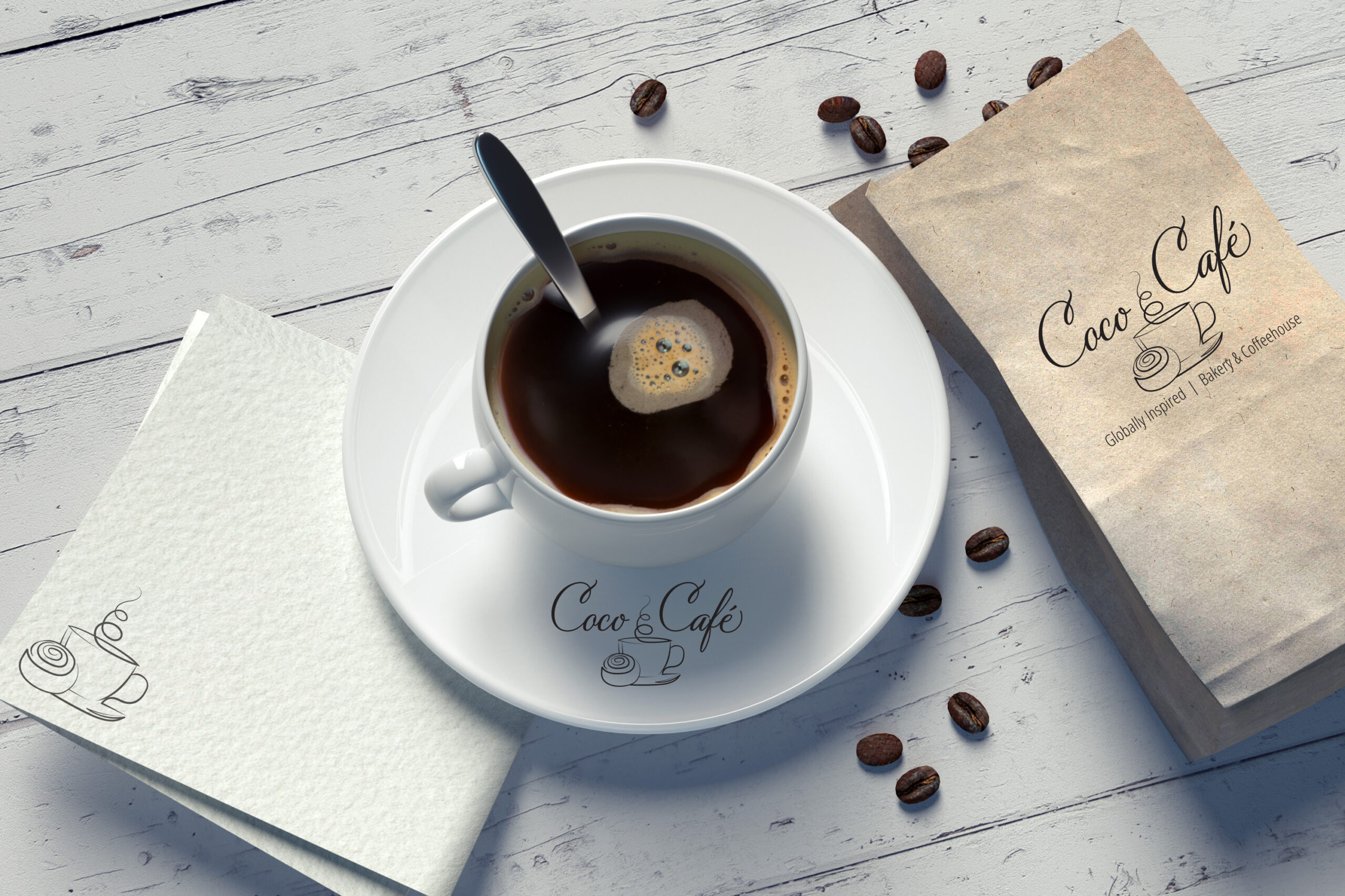 napkin, coffee mug, and coffee beans bag with coco café logo 
